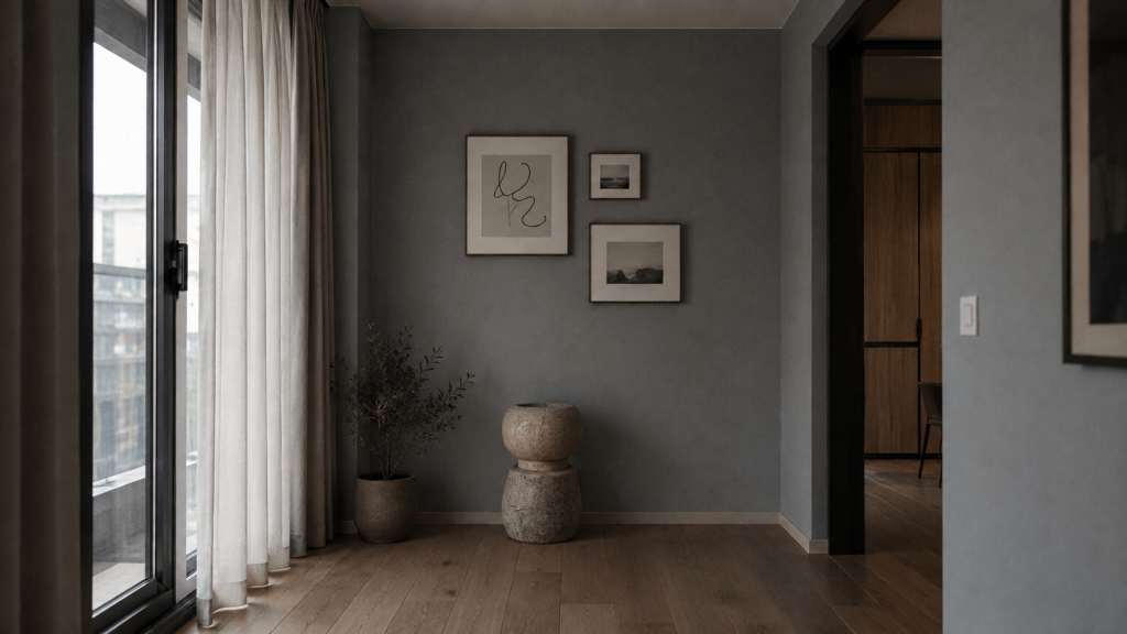Gray wall showing a cool undertone beside furniture and flooring