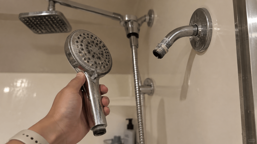 Rental showerhead connection before a simple swap becomes a plumbing project
