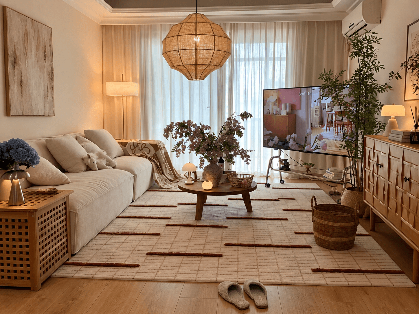 Furnished rental living room with bulky landlord-owned furniture