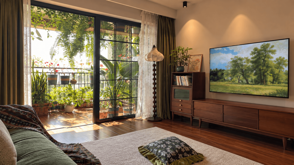 Rental sofa area with fewer objects surrounding bulky landlord furniture