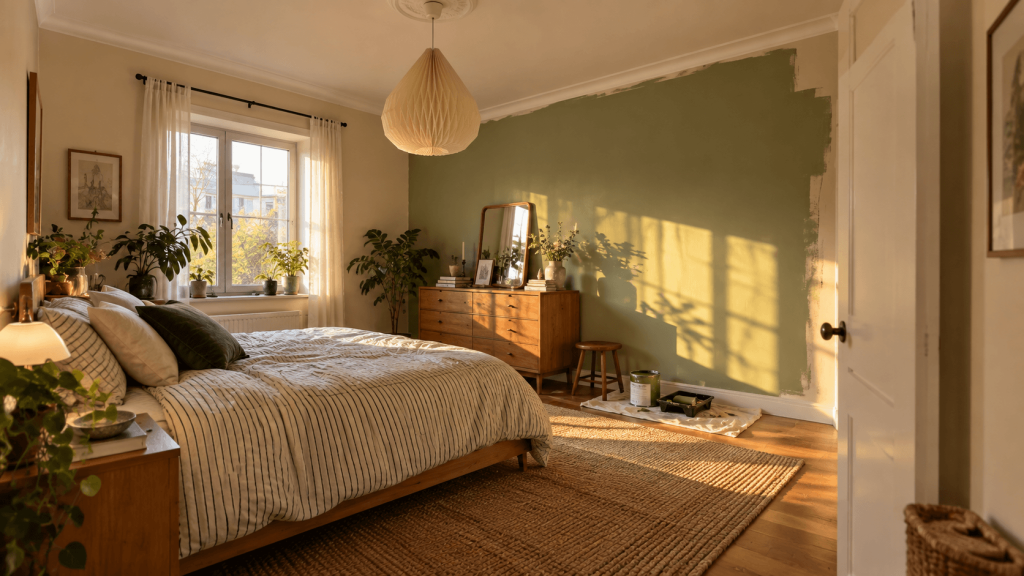 One painted wall in a rental room while the remaining walls stay unchanged
