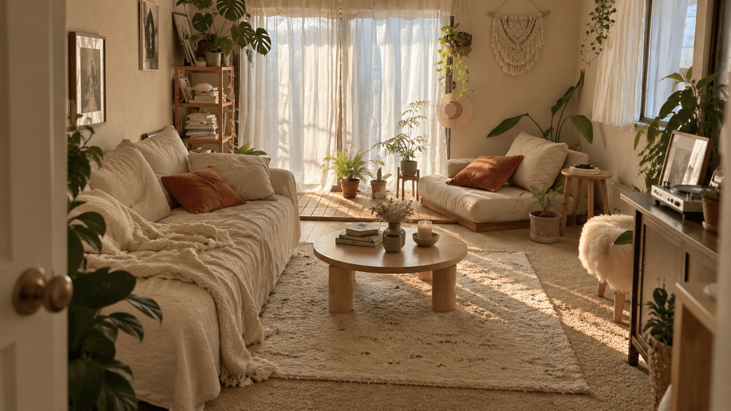 Cream furniture and pale textiles blending into beige rental carpet