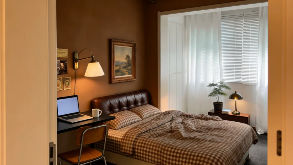 Beige walls and pale furnishings blending together in a rental room