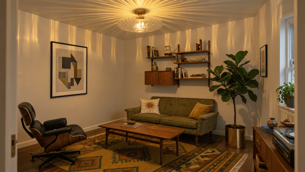 Rental room under harsh central ceiling lighting
