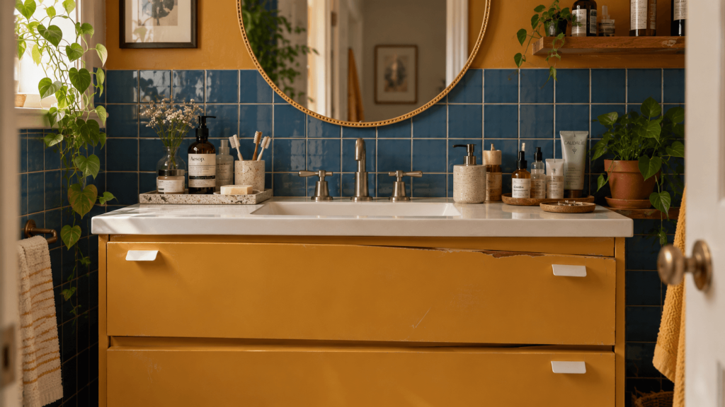 Bathroom vanity countertop crowded with everyday toiletries