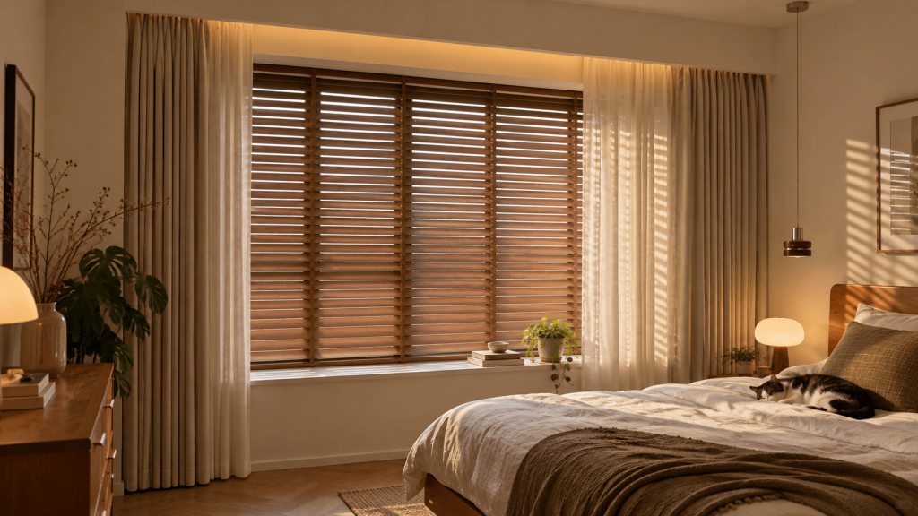 Lightweight curtains layered in front of existing horizontal blinds