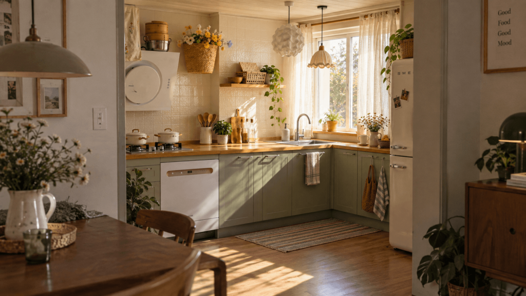 Rental kitchen viewed from the room to identify which cabinets dominate the space