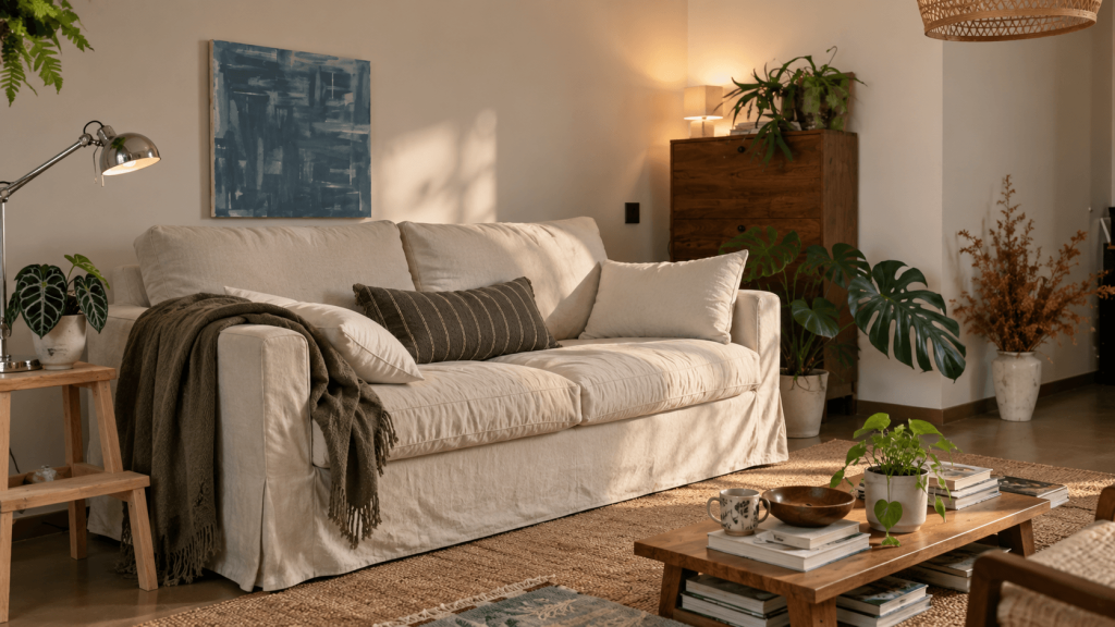 Fitted slipcover covering the upholstery of a rental sofa