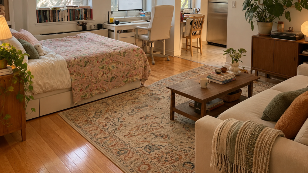 Large rug defining the main seating zone in a rental living room