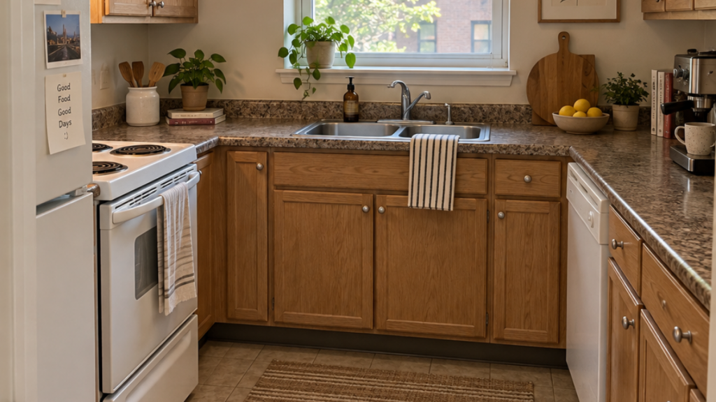 Warm rental countertop repeating similar tones in cabinets and flooring