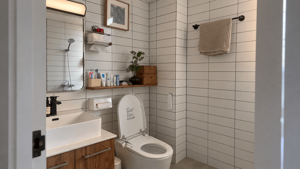 Rental bathroom showing strong tile color and repeated grout grid