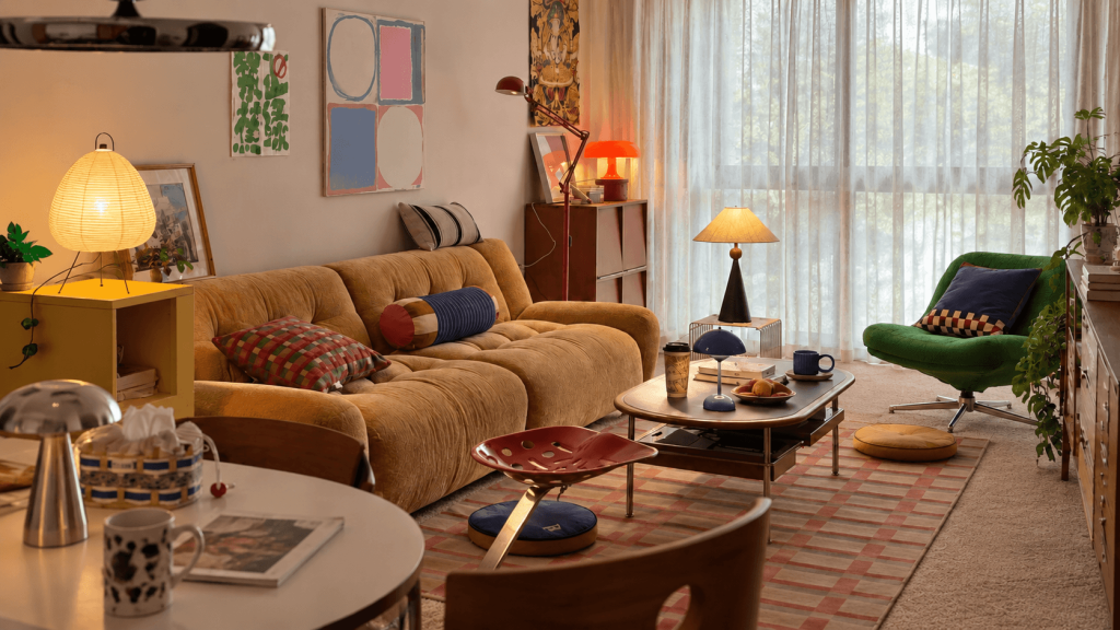 Rental room with visual attention moving above beige carpet toward a taller room feature