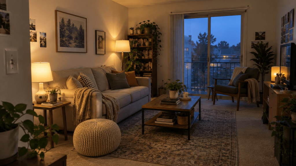 Central seating zone defined over visible beige rental carpet