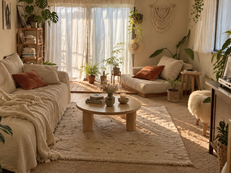 Beige rental carpet fading into the background of a softly furnished living room