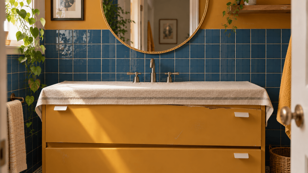 Rental vanity with countertop visually isolated from the cabinet below