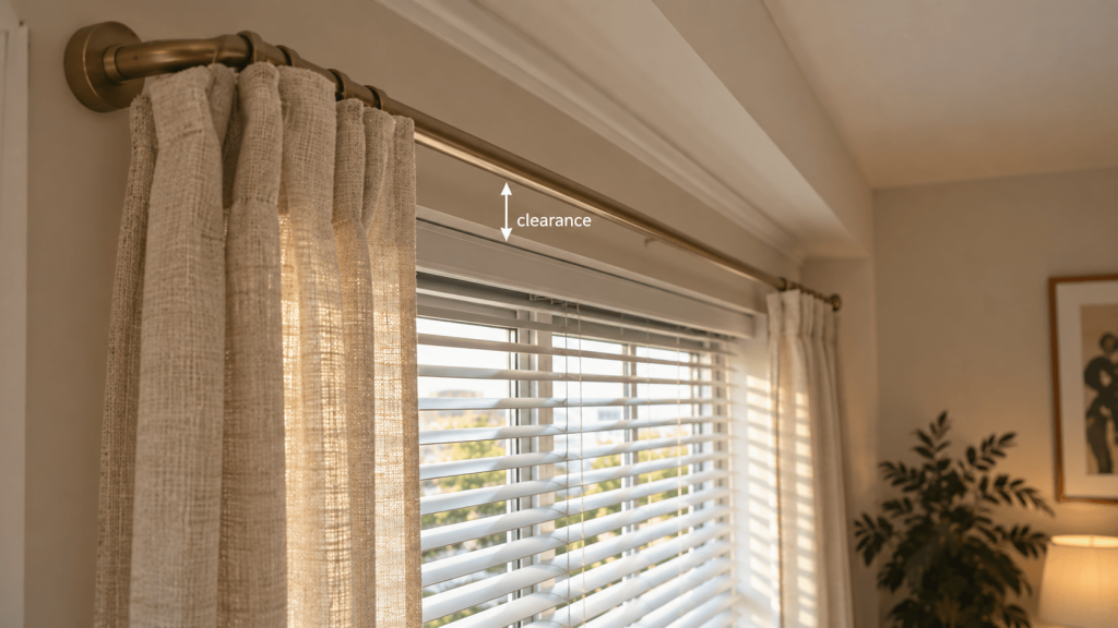 Curtain rod clearance in front of horizontal blinds