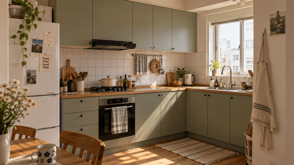 Small rental kitchen with eight flat slab cabinet doors