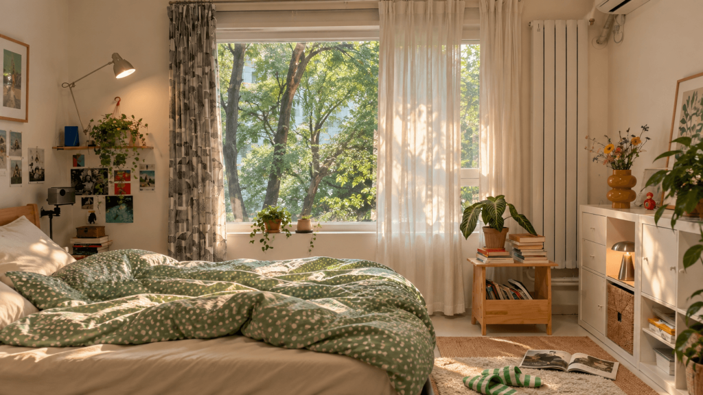 Curtains partly open over a rental window for adjustable privacy