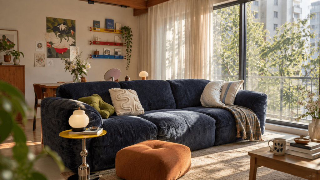 Bulky rental sofa balanced by a rug and simple surrounding furniture
