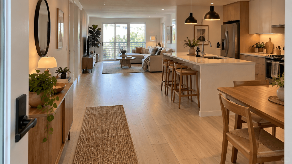 Exposed rental flooring continuing through an open walking path and multiple zones