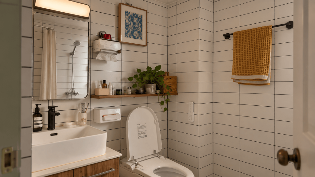 Old colored bathroom tile with one restrained matching accent