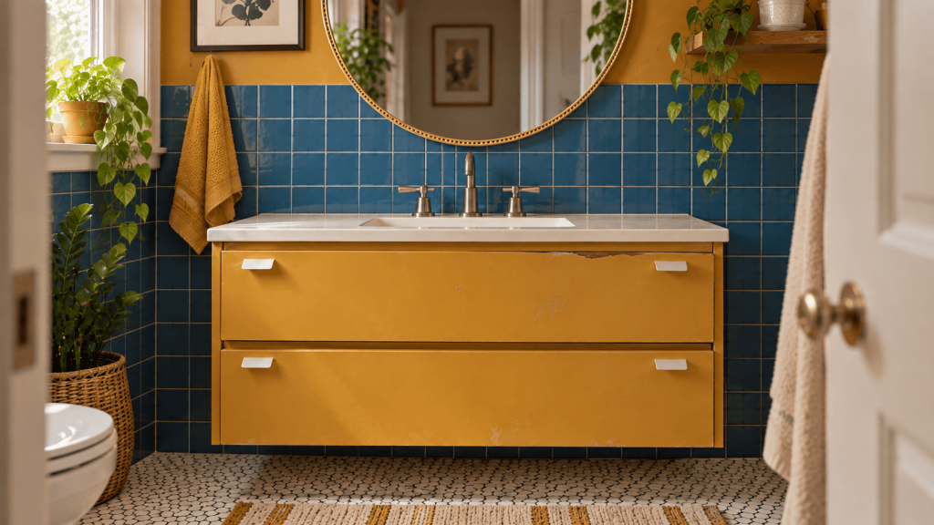 Bathroom vanity with a visually heavy cabinet below a neutral countertop