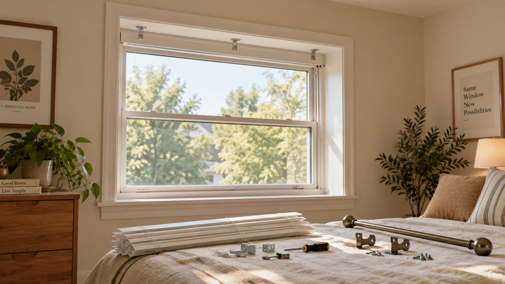 Inside-mounted horizontal blinds ready to be removed for curtains in a rental