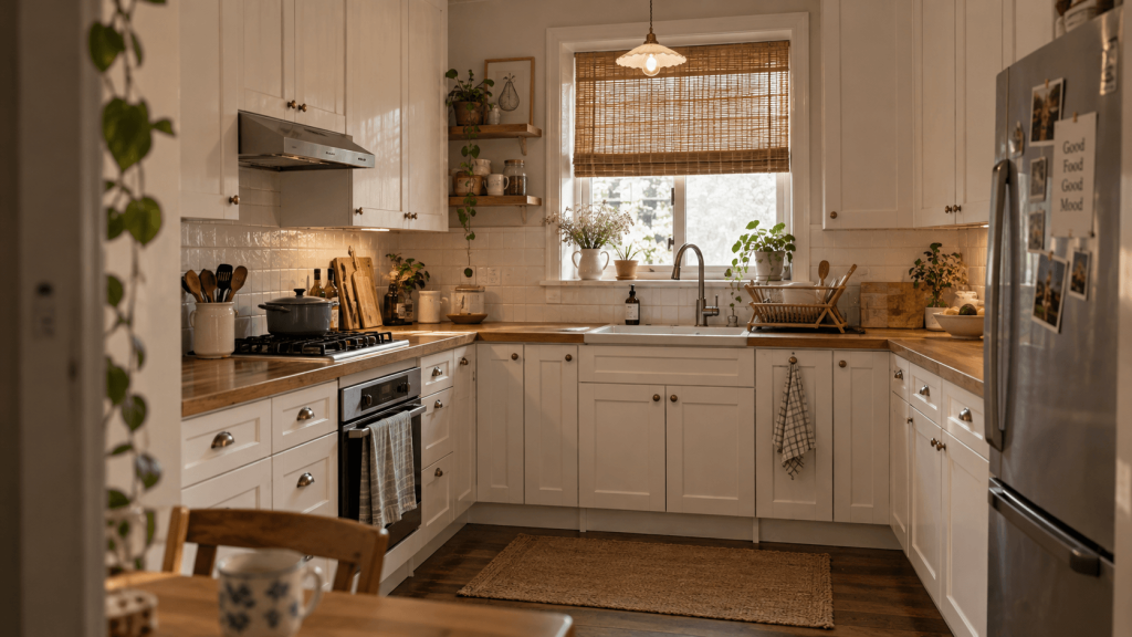 Rental kitchen with detailed Shaker cabinet doors and worn edges