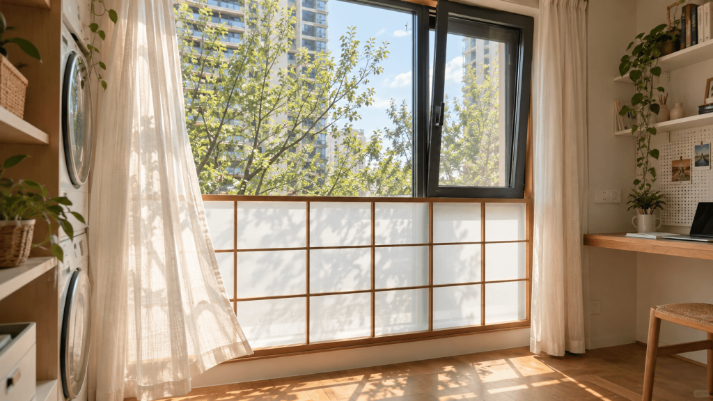 Partial privacy film preserving daylight and the upper window view
