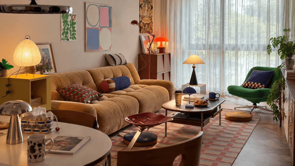 Renter adding simple decor around an unchanged furnished rental sofa