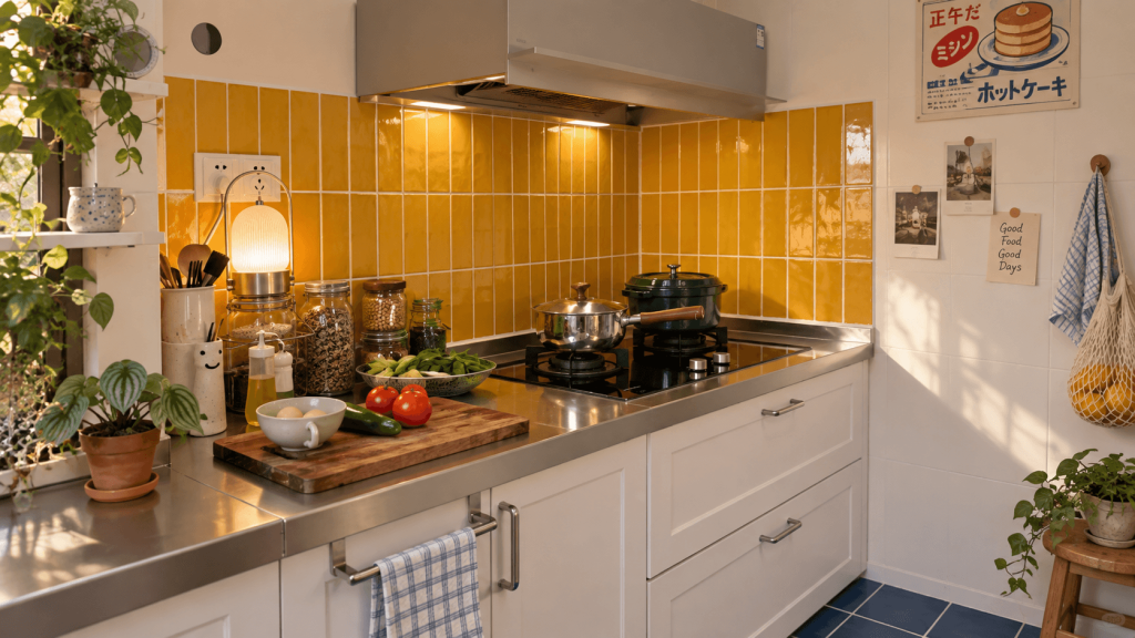 Peel-and-stick backsplash used on one contained rental kitchen area
