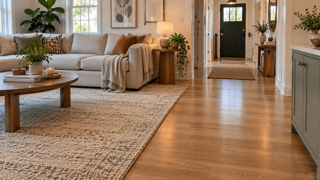 Area rug ending naturally at the edge of a rental seating zone