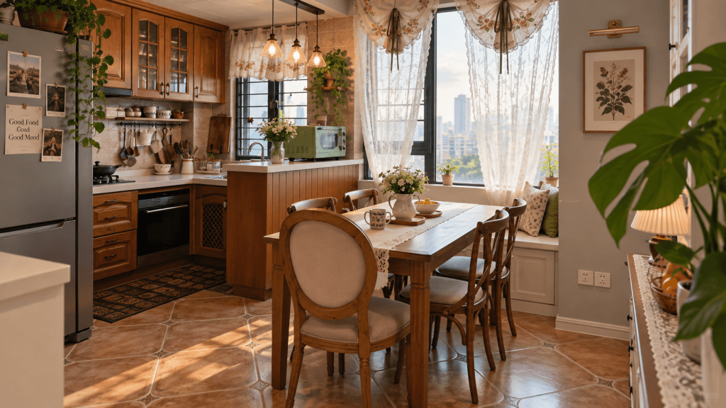 Rental kitchen with attention shifting from the countertop to a nearby dining area