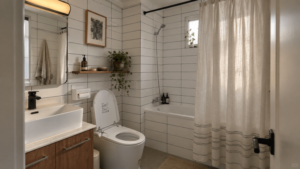 Large old tile field balanced by one simple large bathroom textile