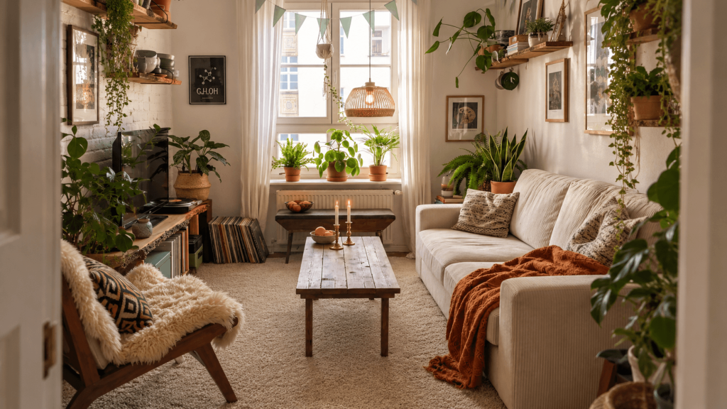 Cream furniture with a clearer lower edge against beige rental carpet
