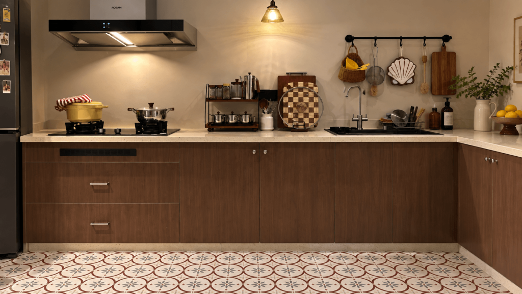Finished peel-and-stick floor tile in a small rental kitchen