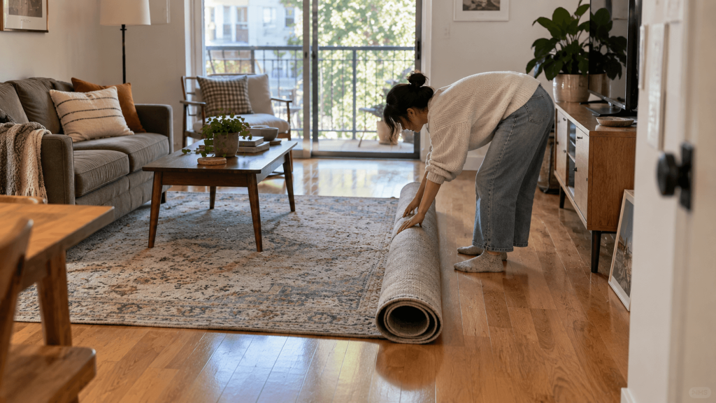 Large area rug being rolled up in a rental apartment