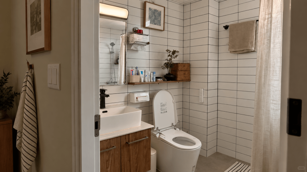 Old bathroom tile meeting a contrasting wall at a visible boundary