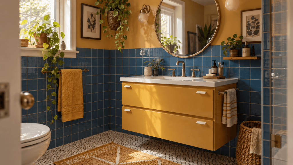 Rental bathroom vanity surrounded by mismatched tile and finishes
