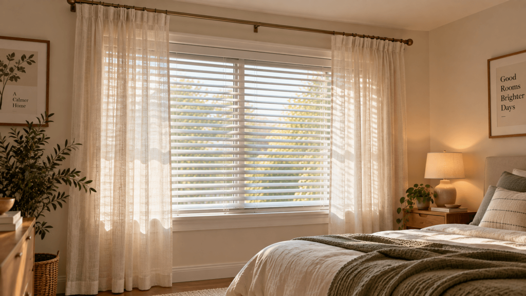 Lightweight curtains added over working horizontal blinds without drilling