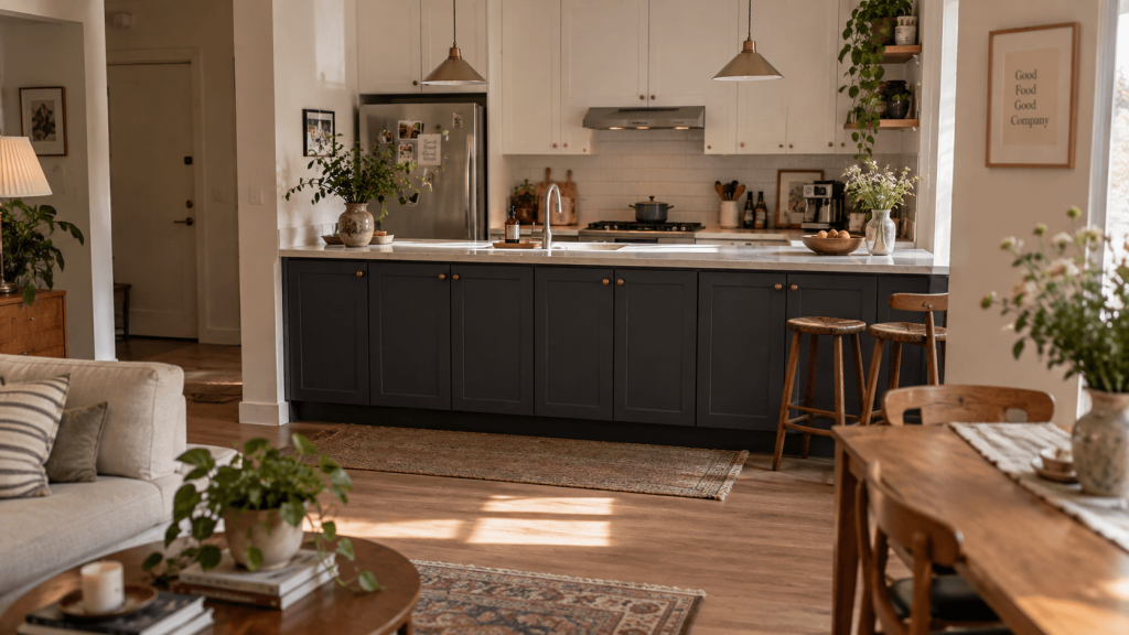 Open rental kitchen where six dark lower cabinets dominate the living room view