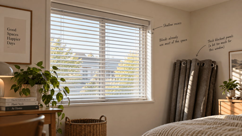 Shallow rental window with horizontal blinds and limited space for heavy blackout curtains