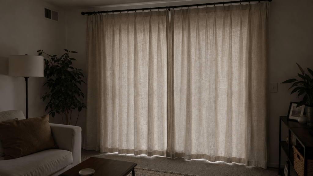 Blackout curtains layered in front of existing vertical blinds