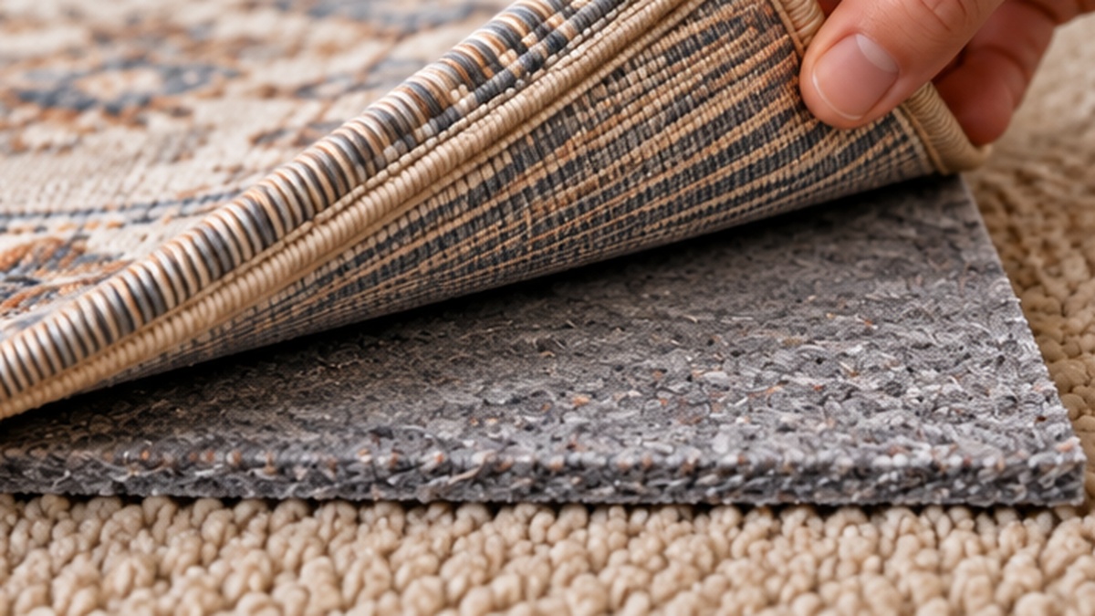 Dual-surface rug pad between an area rug and wall-to-wall rental carpet