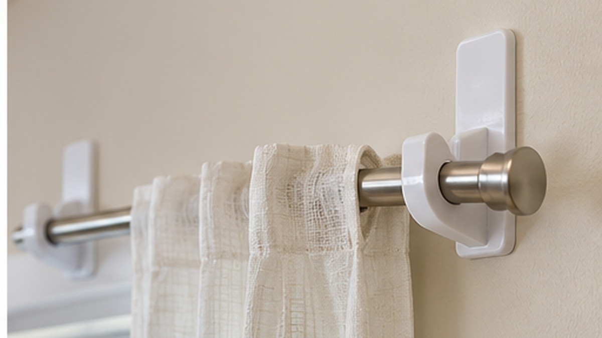 Light curtains hanging from adhesive curtain rod hooks on a smooth rental wall