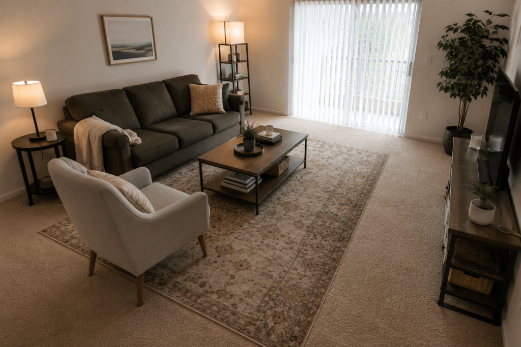 Area rug defining a seating zone over wall-to-wall rental carpet