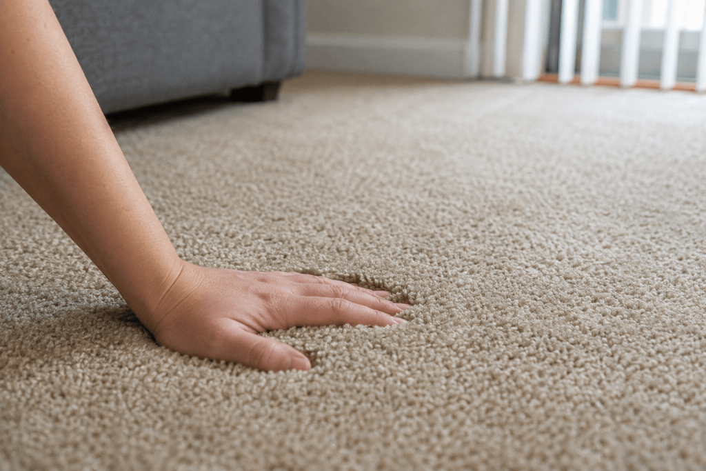 Hand pressing into rental carpet to check how soft the surface is