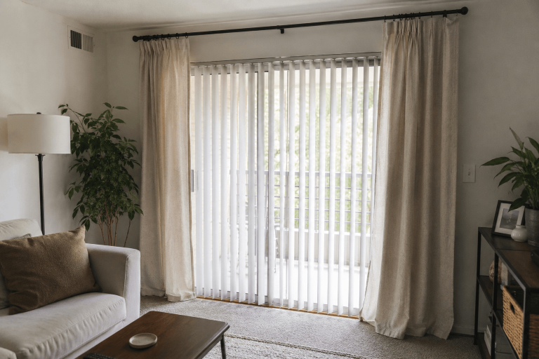 Curtains hanging in front of vertical blinds in a rental apartment