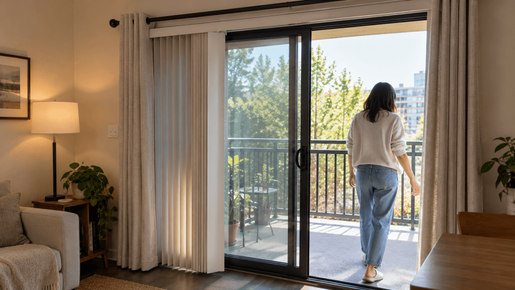 Curtains and vertical blinds stacked beside an open rental sliding glass door