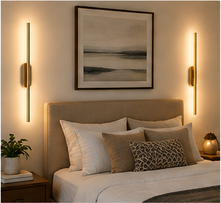 Pair of long battery operated wall sconces beside a bed